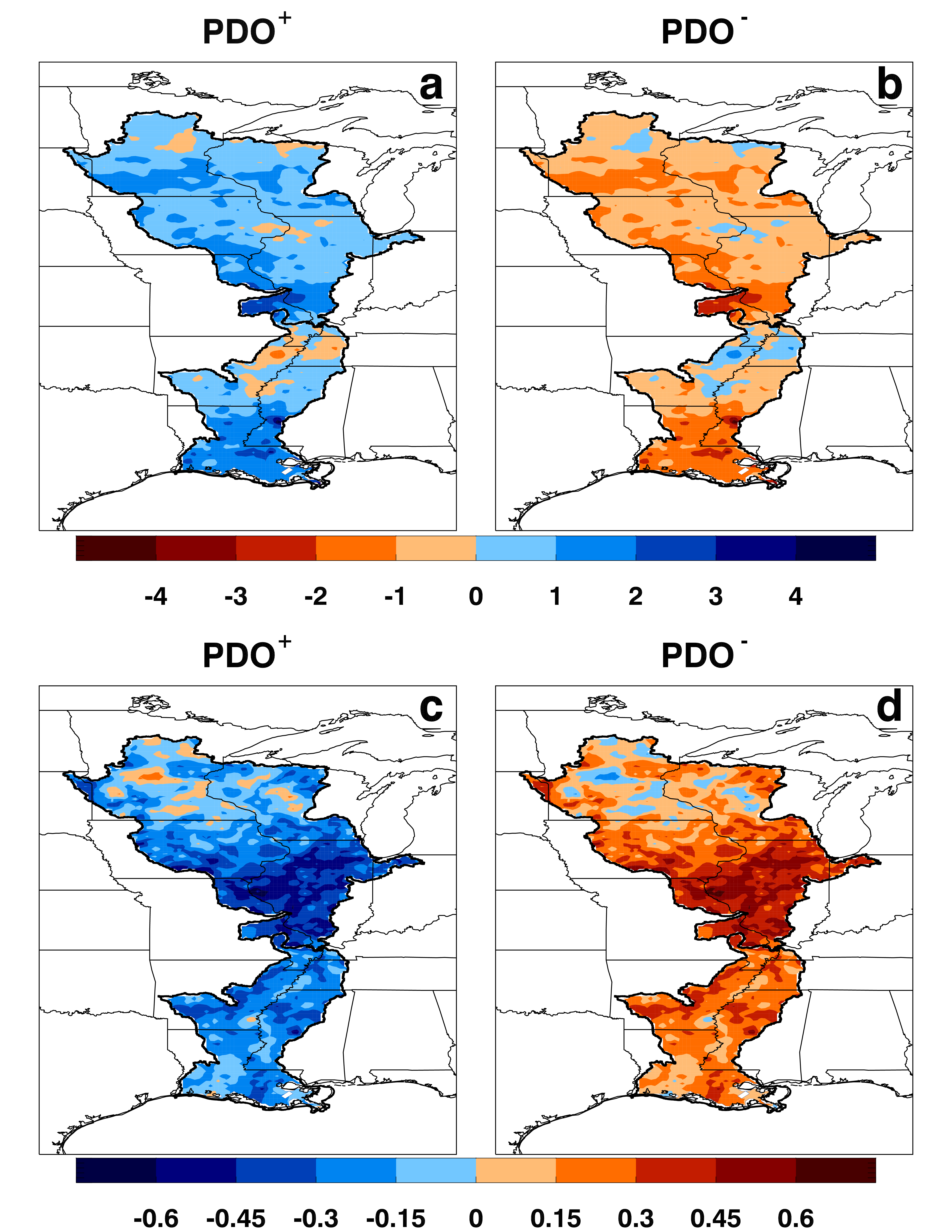 Figure 1: Annual-average precipitation (mm/day) and daily maximum temperature (°C) anomalies associated with (a) PDO+, precipitation, (b) PDO-, precipitation, (c) PDO+, temperature, and (d) PDO-, temperature. 