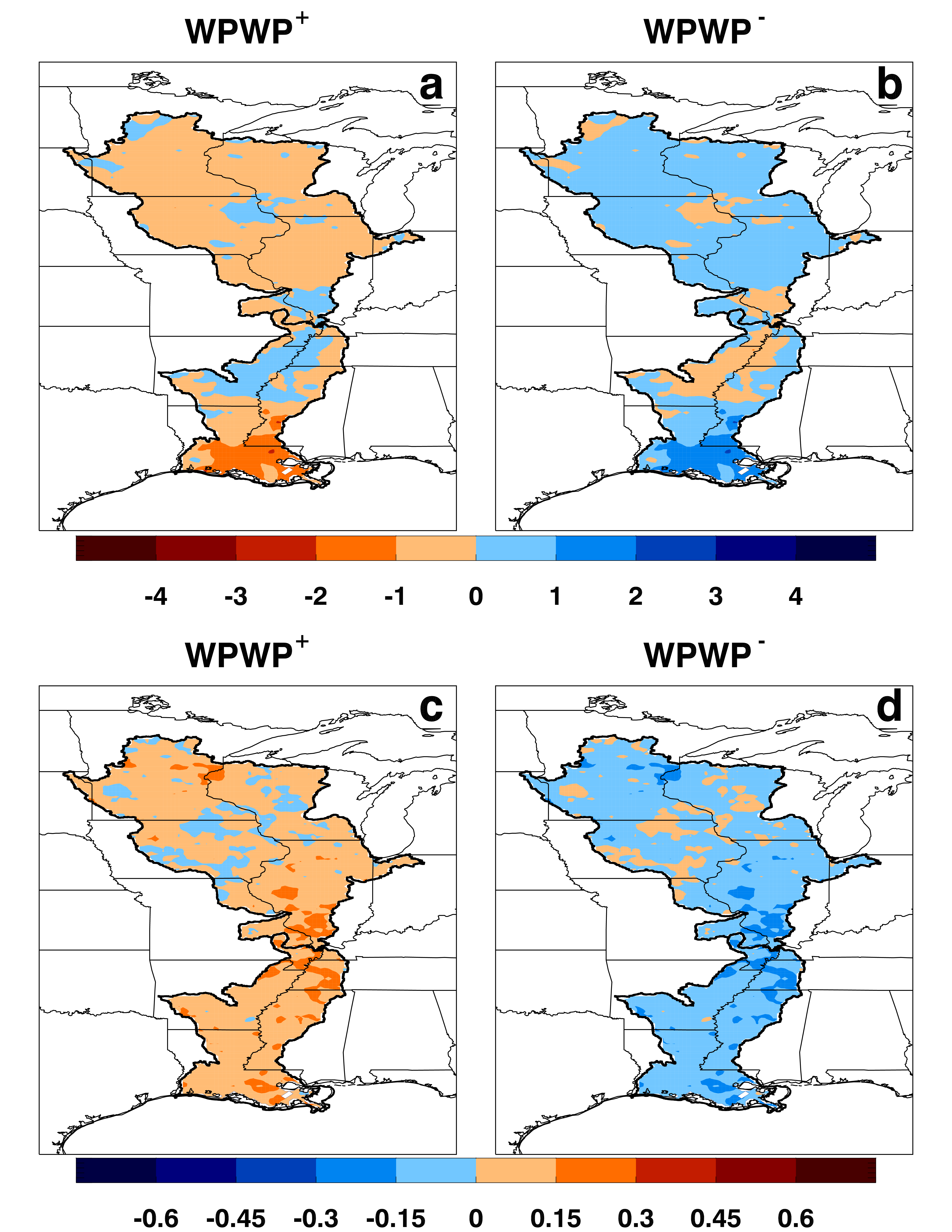 Figure 3: Annual-average precipitation (mm/day) and daily maximum temperature (°C) anomalies associated with (a) WPWP+, precipitation, (b) WPWP-, precipitation, (c) WPWP+, temperature, and (d) WPWP-, temperature. 